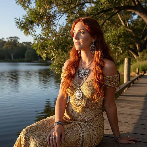 Photograph of a red-haired woman with long wavy hair, wearing an off-shoulder, intricately patterned gold dress, sitting on a