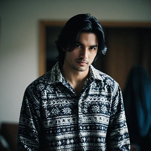 Young Man in Patterned Casual Shirt Indoors