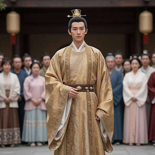 Photograph of an East Asian male model in a gold, intricately embroidered traditional Korean robe, standing confidently on a street in front of a blurred crowd