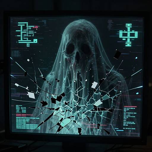 CGI digital art: Ghostly, translucent figure with hollow eyes, behind cracked computer screen displaying blue digital text and codes. Dark, eerie background.