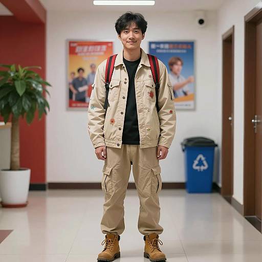 Asian Man in Casual Beige Outfit Standing Indoors