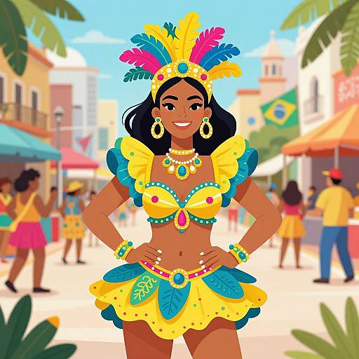 Vibrant digital illustration of a smiling dark-skinned woman in colorful Carnival costume with yellow, blue, and pink feathers, standing in a sunny,