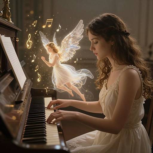 Photograph of a young woman with wavy brown hair, wearing a white lace dress, playing a piano. A glowing, ethereal fairy with translucent