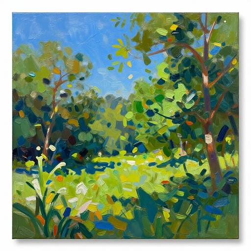 Vibrant oil painting of a sunny forest clearing, with lush green foliage, tall trees, and a bright blue sky. Brushstrokes evoke a