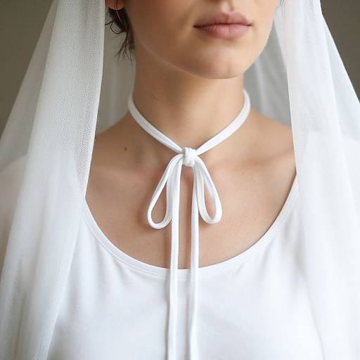 Photograph of a woman's neck and upper chest, wearing a white bridal veil and halter dress with a tied ribbon, light skin, soft natural