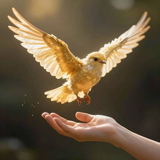 Photograph of a small, golden-yellow bird with outstretched wings, mid-flight, hovering above an open human hand, set against a dark,
