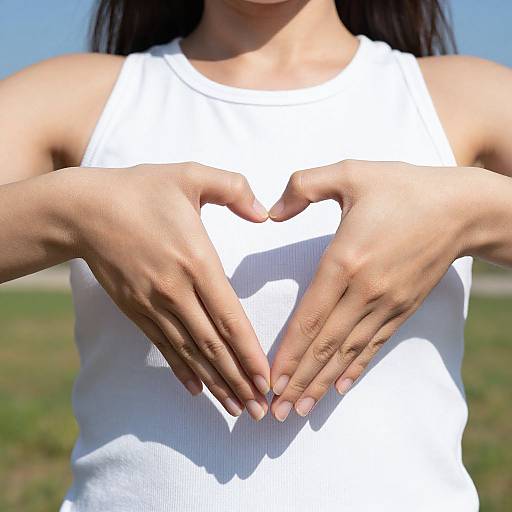 Photograph of a woman with tan skin, dark hair, wearing a white tank top, forming a heart shape with her hands outdoors.