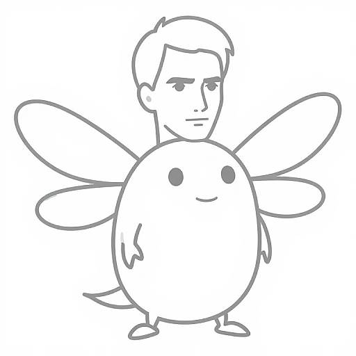 Digital line drawing of a small, round, smiling creature with wings standing behind a serious-looking human with short hair.