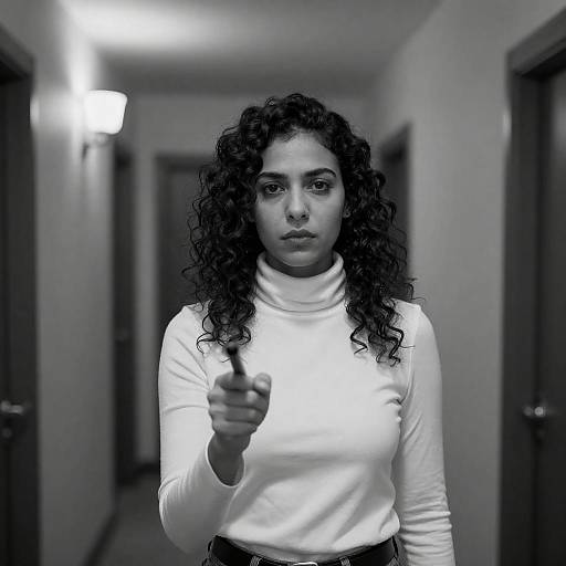 Serious Woman in Dim Hallway Portrait