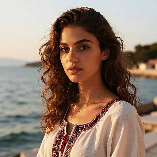 Photograph of a young woman with wavy brown hair, wearing a white embroidered top, standing by a sunlit ocean at sunset.