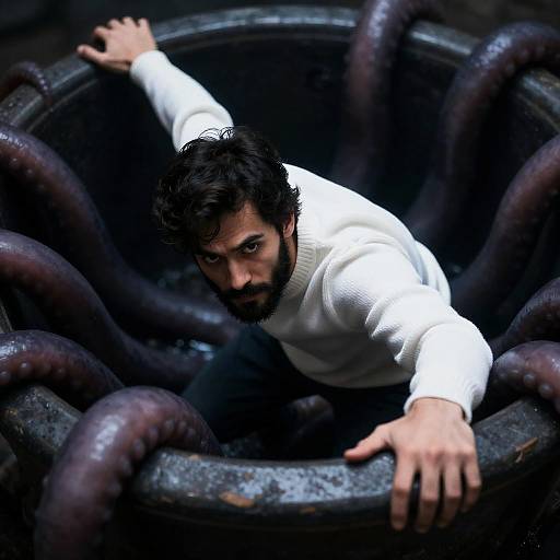 Man Emerging from Tentacle-Like Container
