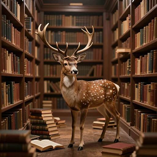 Photograph of a majestic deer with large antlers standing in a dimly lit library aisle, surrounded by scattered books and lit by soft, warm lighting