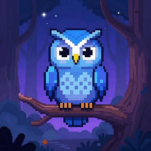 Pixel art of a blue, pixelated owl with black eyes and yellow beak perched on a branch in a dark, starry forest.