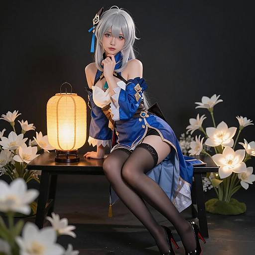 Anime Woman with Silver Hair and Lantern