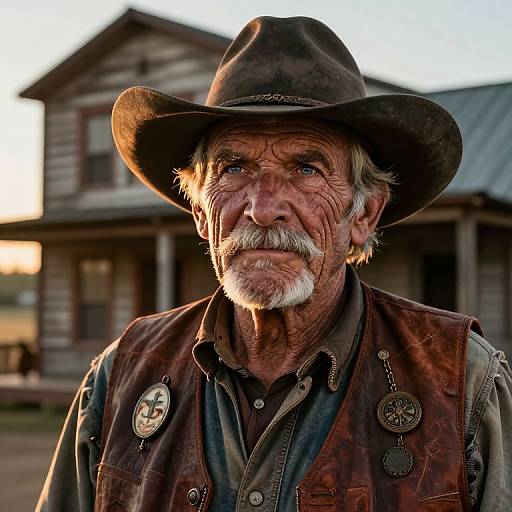 Photograph of an elderly white man with weathered face, gray mustache, wearing a dark brown hat and worn leather vest, standing in front of