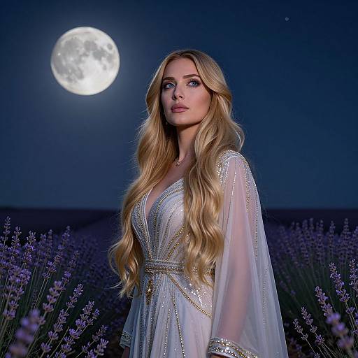 Photograph of a blonde woman with long wavy hair, wearing a white, beaded, V-neck dress with sheer sleeves, standing in a lavender