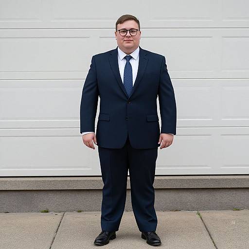 Photograph of a white man with short brown hair, black glasses, and a formal black suit, white shirt, and black tie, standing against a