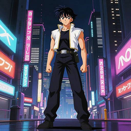Anime Character in Futuristic Neon Cityscape
