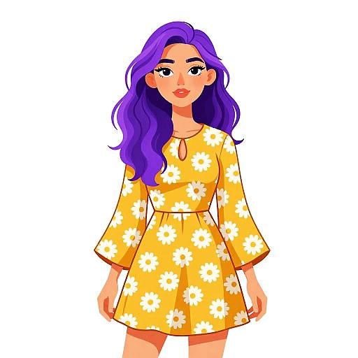 Digital illustration of a young woman with long purple hair, wearing a yellow dress with white daisy flowers, standing against a plain white background.