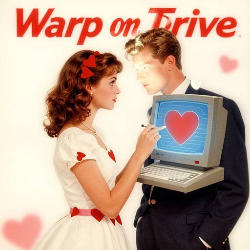 Vintage-style drawing of a woman in a white dress with red bow, pointing at a man in a black suit holding a laptop with a heart on the