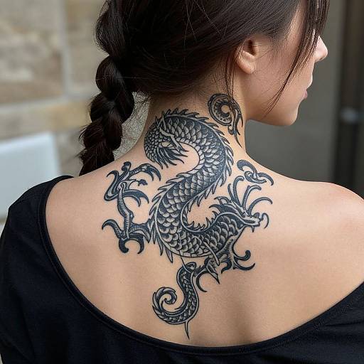 Photograph of a woman with dark braided hair, showcasing a black, intricate dragon tattoo on her upper back, wearing a black off-shoulder
