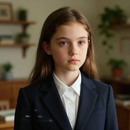 Photograph of a young Caucasian girl with long brown hair, wearing a navy blazer and white shirt, standing in a softly lit, indoor room with
