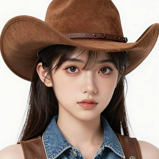 Photorealistic digital portrait of an Asian woman with fair skin, long black hair, brown cowboy hat, denim shirt, and brown vest, against a