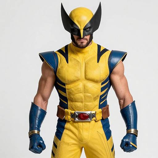 Photorealistic CGI of muscular superhero in yellow and blue costume with black mask, pointed ears, brown belt, and blue gloves.