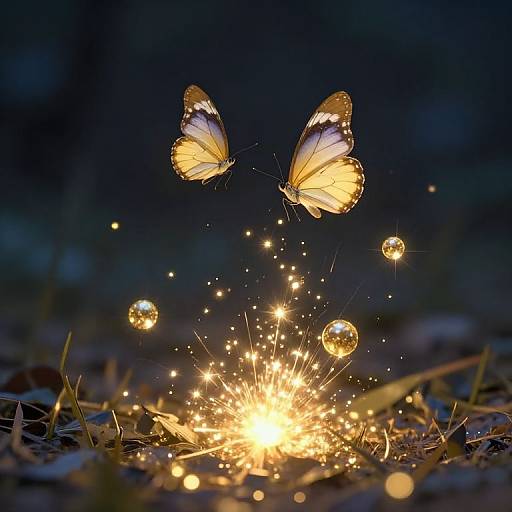 Photograph of two glowing yellow butterflies with black edges flying above a bright sparkler, surrounded by floating glass-like fireflies, against a dark night background