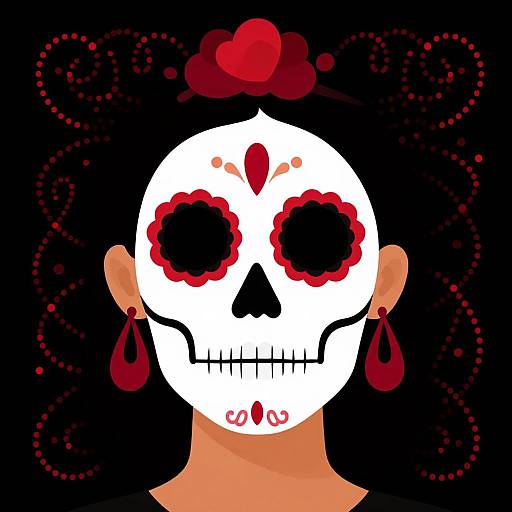 Digital illustration of a woman with a white sugar skull face, red flower eyes, red heart, and teardrop earrings, against a black background with