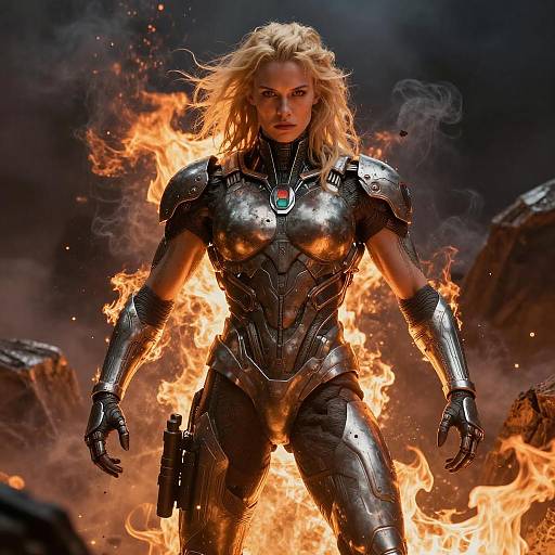 Blonde Terminator Amid Fiery Chaos