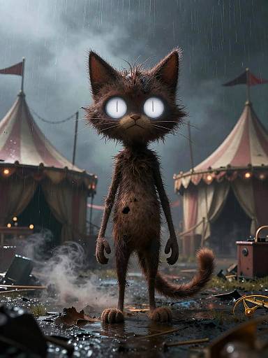 Spooky Stylized Cat in Ruined Carnival