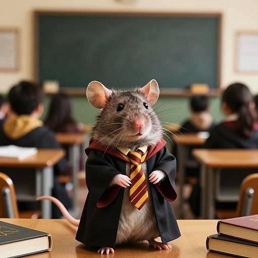 Photograph of a gray mouse wearing a black Hogwarts robe and yellow-striped tie, standing on a classroom desk with blurred students in the background.