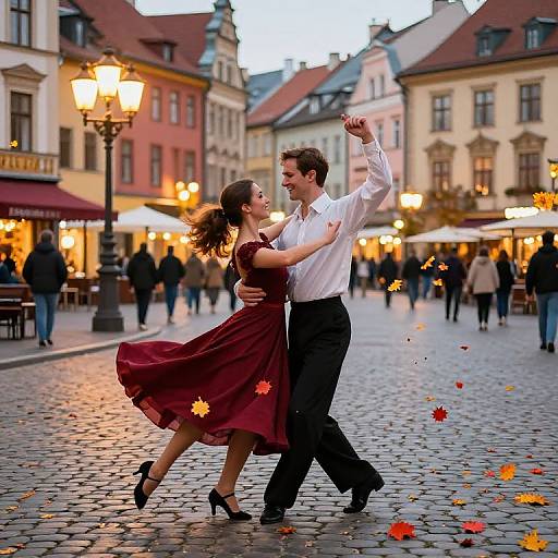 Photograph of a dancing couple in a cobblestone European town square at dusk, wearing red dress and white shirt, surrounded by autumn leaves and warm