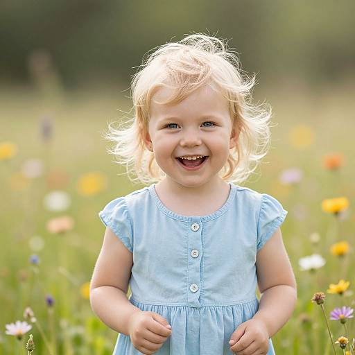 Photograph of a smiling blonde toddler in a light blue dress, standing in a sunlit meadow filled with colorful wildflowers.