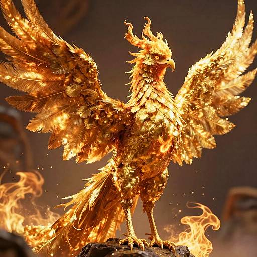 Photorealistic digital artwork of a blazing, golden phoenix with fiery feathers, wide wings, and intense gaze, standing amidst flames.