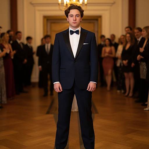 Photograph of a young man with curly brown hair, wearing a black tuxedo and bow tie, standing confidently in a dimly lit, elegant