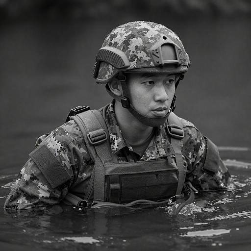 Soldier in Camouflage Gear in Water