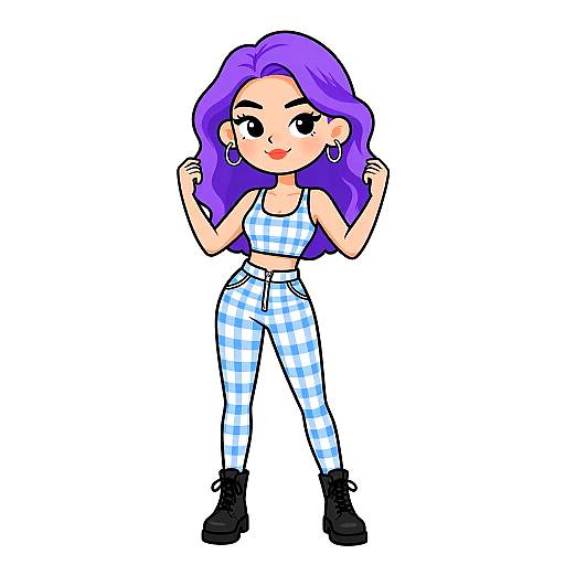 Cartoon-style drawing of a confident woman with purple hair, wearing a blue-and-white checkered crop top and pants, black boots, and hoop earrings