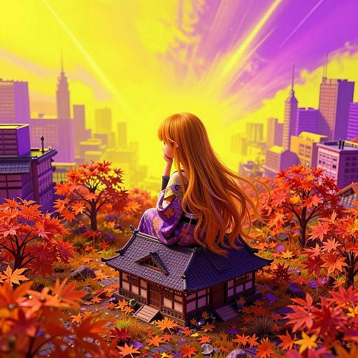 Anime-style digital artwork of a red-haired girl with long hair, sitting on a small house in a vibrant autumn cityscape, with a radiant yellow sunrise