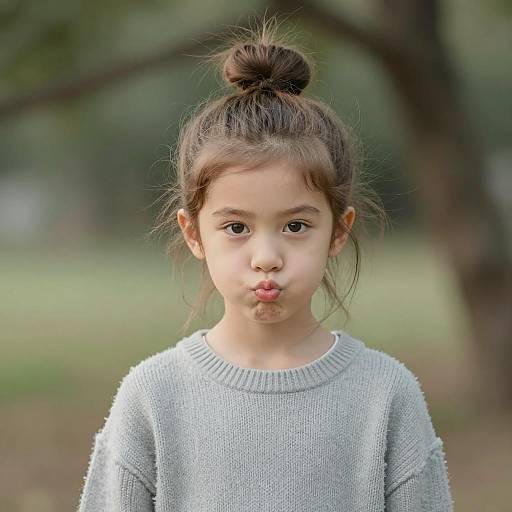 Young girl with messy bun and gray sweater