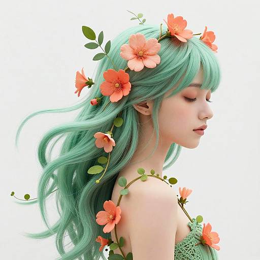 Digital art of a serene, fair-skinned woman with teal hair adorned with orange flowers, eyes closed, wearing a floral headpiece.