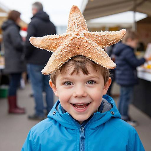 Photograph of a smiling young boy with brown hair wearing a large, textured starfish on his head, and a blue jacket, standing outdoors at a