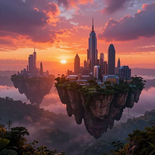 Digital art of a futuristic cityscape at sunset, floating on a cliff surrounded by misty valleys, with vibrant orange and purple clouds.