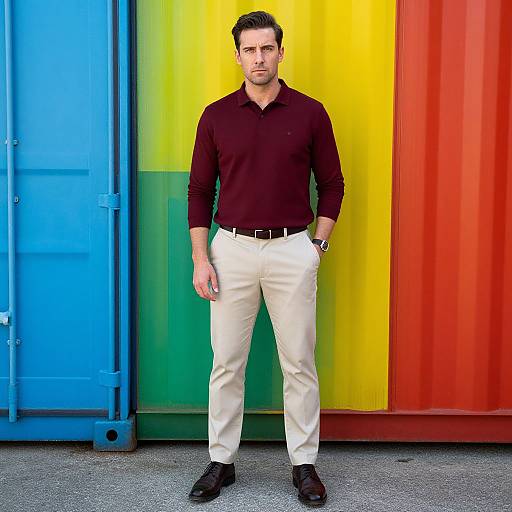 Photograph of a handsome man with short dark hair, wearing a black shirt, white pants, black belt, and black shoes, standing against a colorful