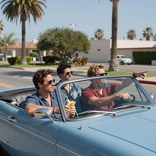 Three Men Riding in Blue Vintage Convertible on Sunny Day