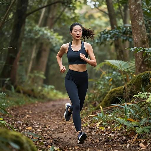 Energetic Woman Running Forest Trail
