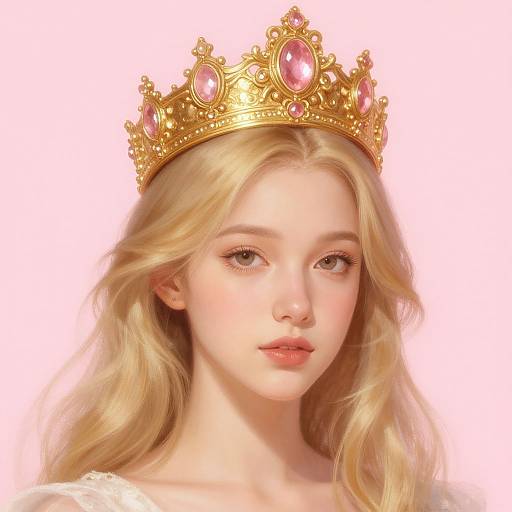Digital painting of a fair-skinned, blonde woman with soft waves, wearing an ornate gold crown with pink gemstones, against a white background.