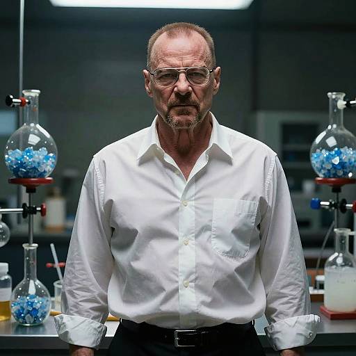 Middle-aged man with receding hairline, glasses, white shirt, and black pants stands in a dimly lit laboratory with glass apparatuses.
