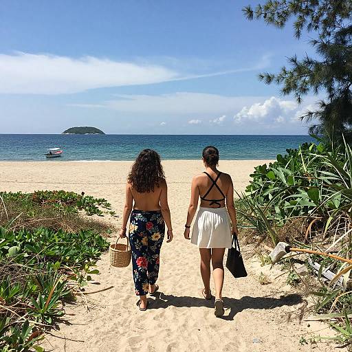 Two Women Walking on Sandy Beach Path